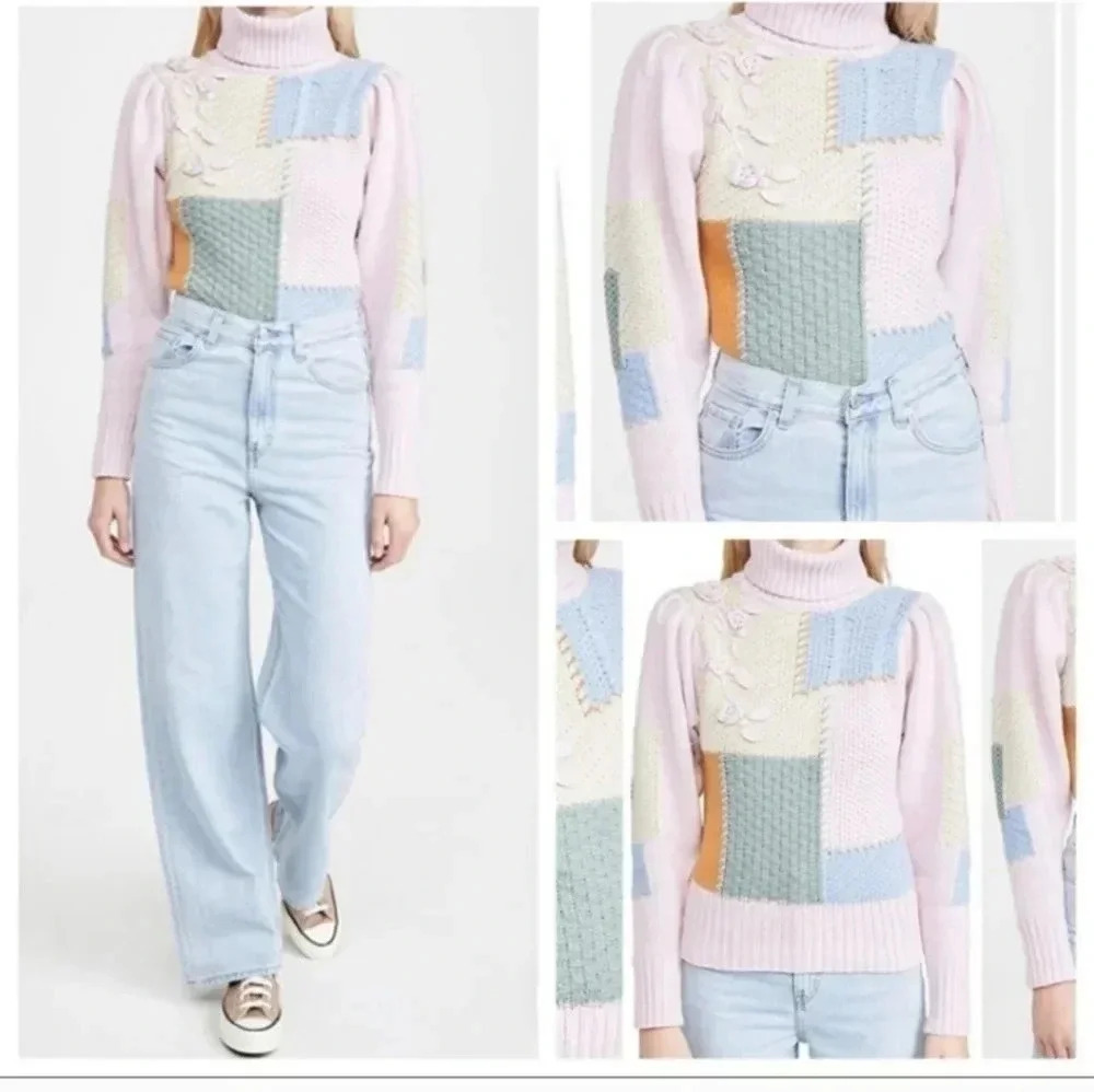 LoveShackFancy Allan Patchwork Retro Chunky Autumn Fest Turtleneck Sweater(XS)